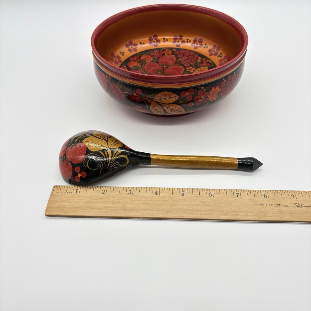 Russian Art Khokhloma Wooden Bowl Matching Spoon Traditional Floral Berry Design - Picture 16 of 16